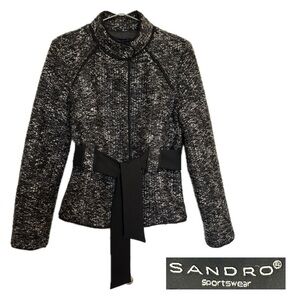 Sandro Sportswear Belted Boucle Short Jacket Black/Grey/White NWOT Size Medium